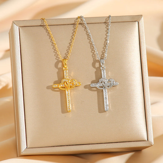 Cross Double Ring Love Heart Necklace Surrounded Zircon Pendant Necklace For Women Bohemian Jesus Pendant Gold Color Valentines Day Gift