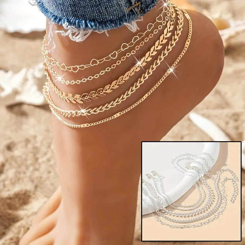 5Pcs Bohemian Airplane Chain Ankle Chain Fashion Design Heart-shaped Chain Anklets Women's Summer Beach On Foot Chain Jewelry